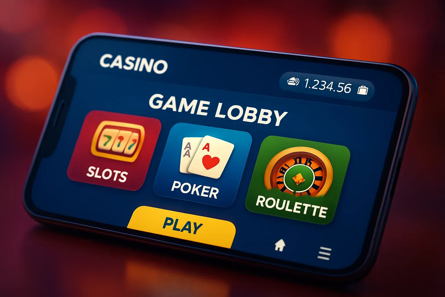 Android smartphone mockup showing casino mobile app lobby with vibrant UI