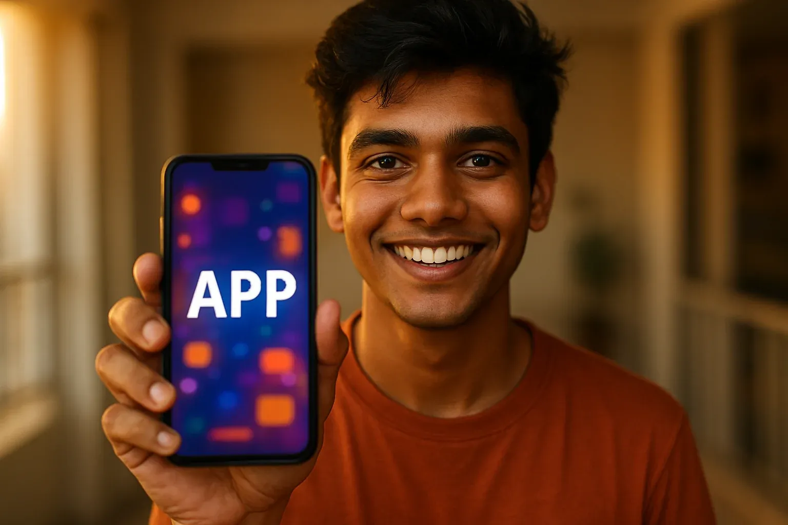 Young Bangladeshi man smiling while showing colorful gaming app on smartphone