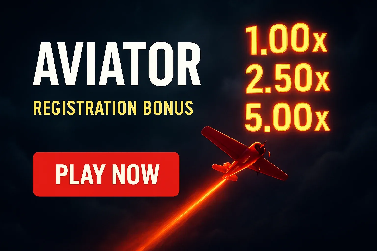 Aviator crash game banner with red plane, multipliers, and play button