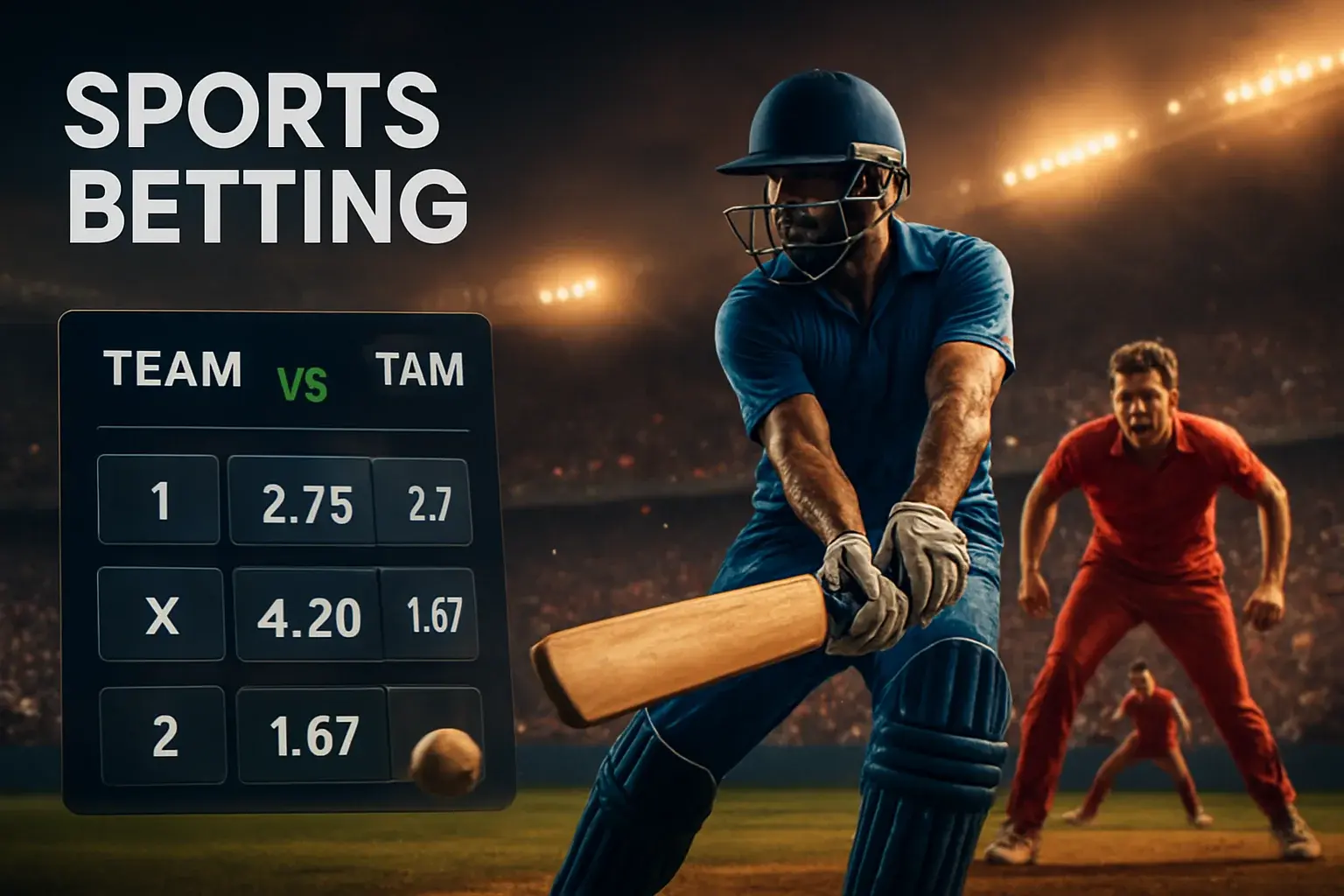 Sports betting banner with cricket action, stadium crowd, and interface overlay