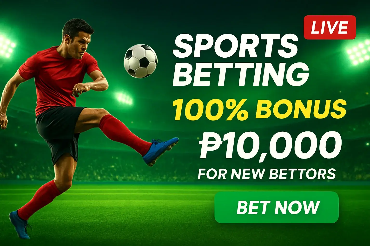 Sports betting banner with footballer, stadium, bonus offer, and bet now button