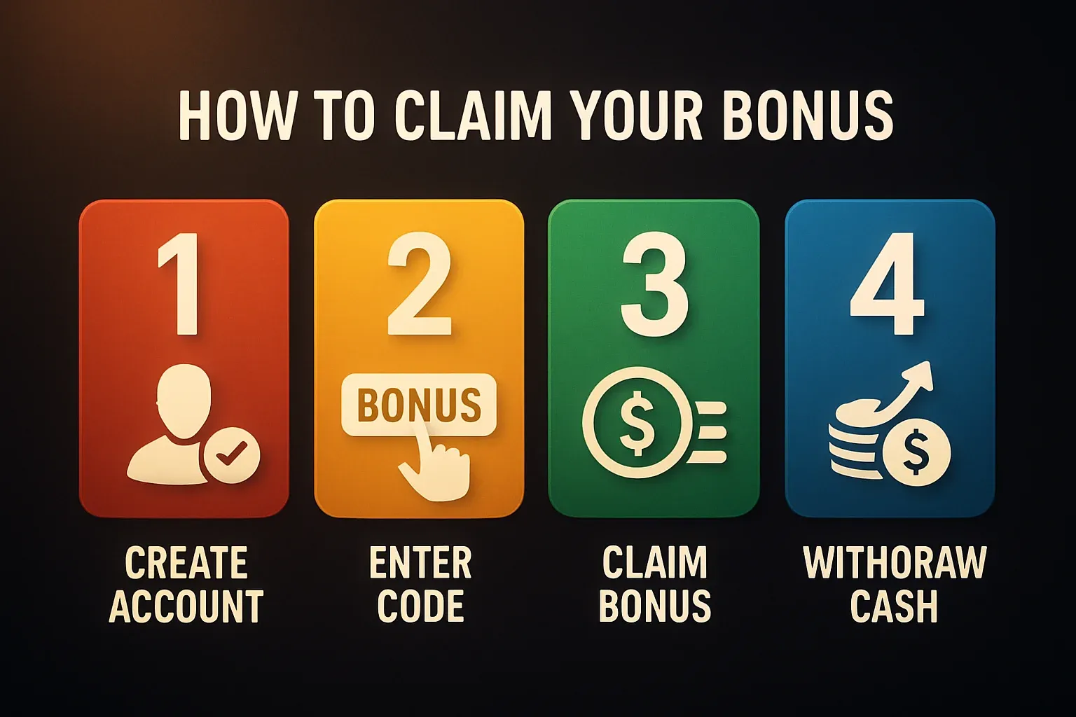 Modern infographic showing four numbered steps to claim bonuses on dark background