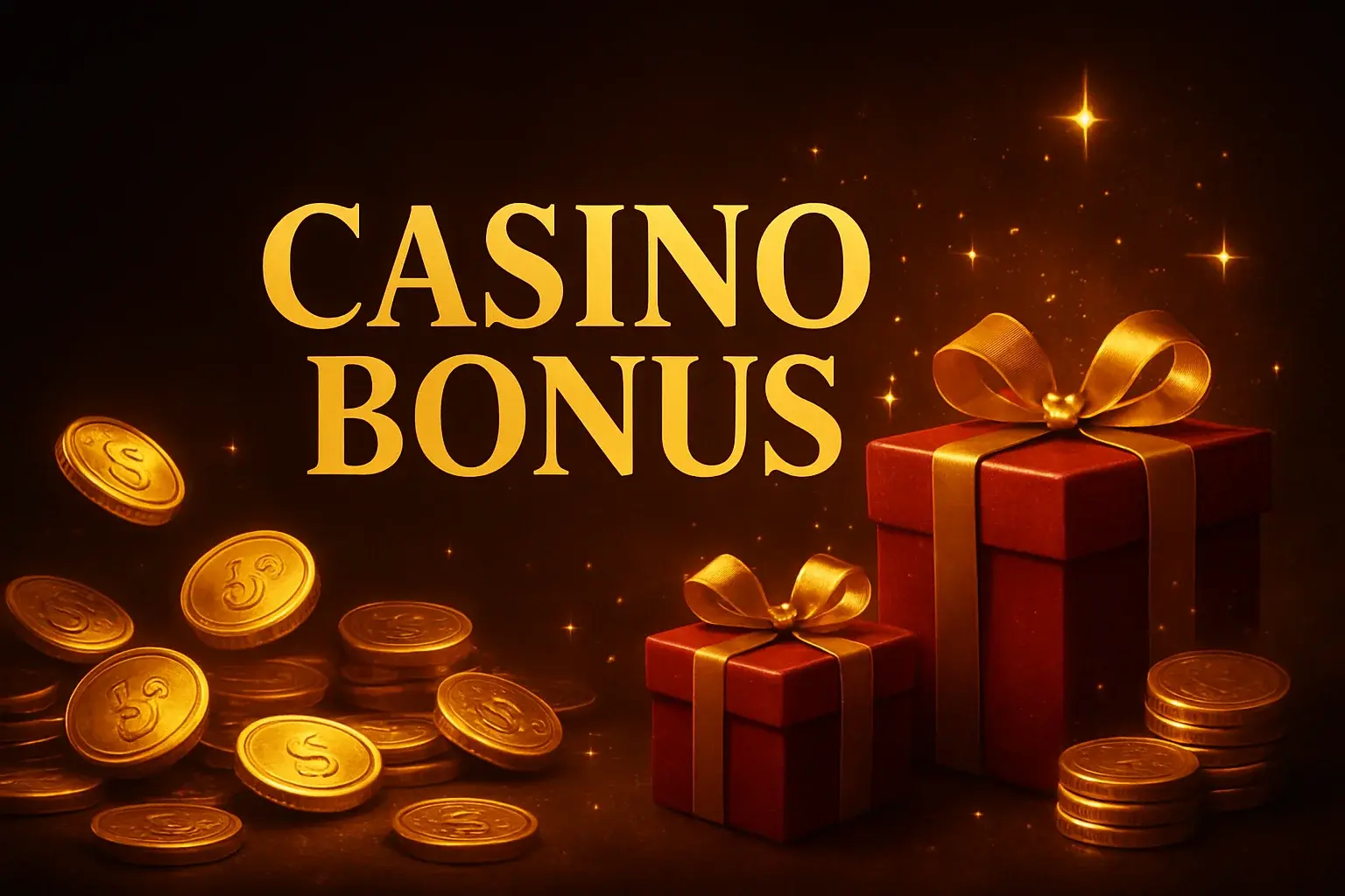 Casino bonus promotional banner with golden coins, gift boxes, and sparkles
