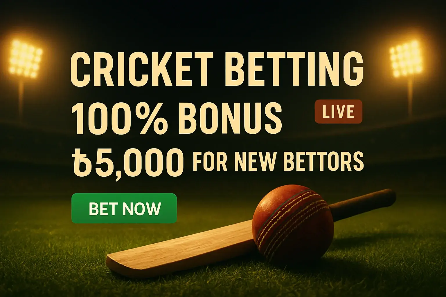 Cricket betting banner with bat, ball, stadium, bonus and Bet Now button