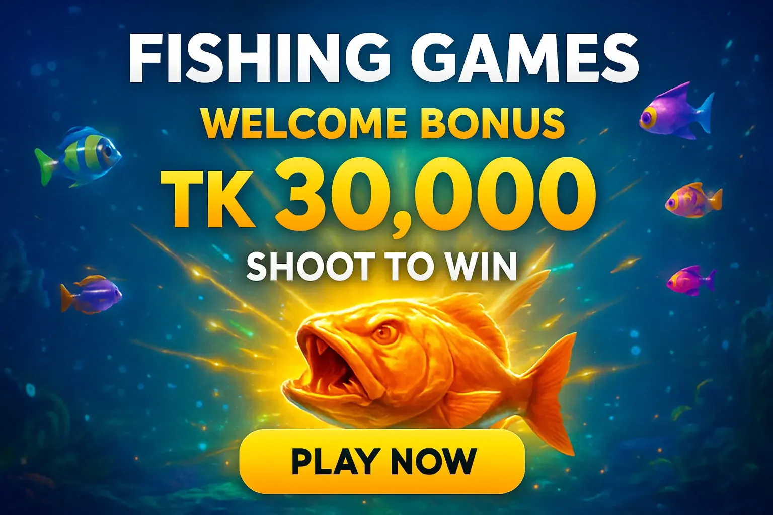 Fishing arcade banner with golden boss fish, bonus offer, and play button