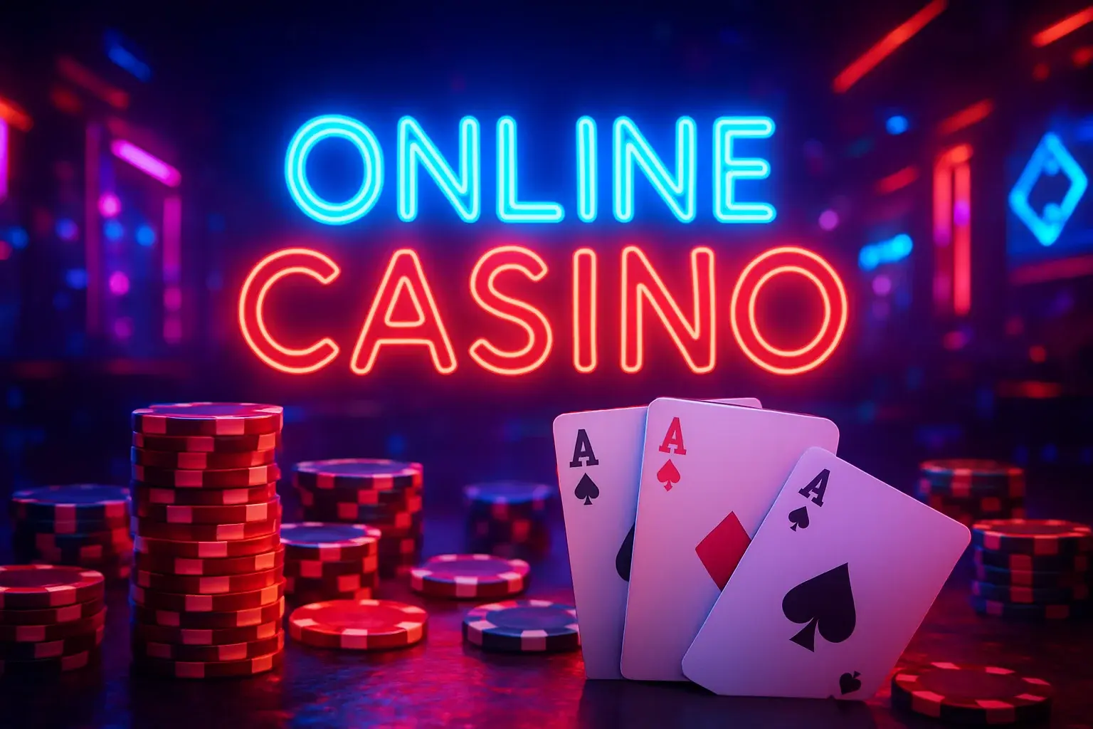 Luxury online casino hero banner for Bangladesh with neon lights, chips, cards