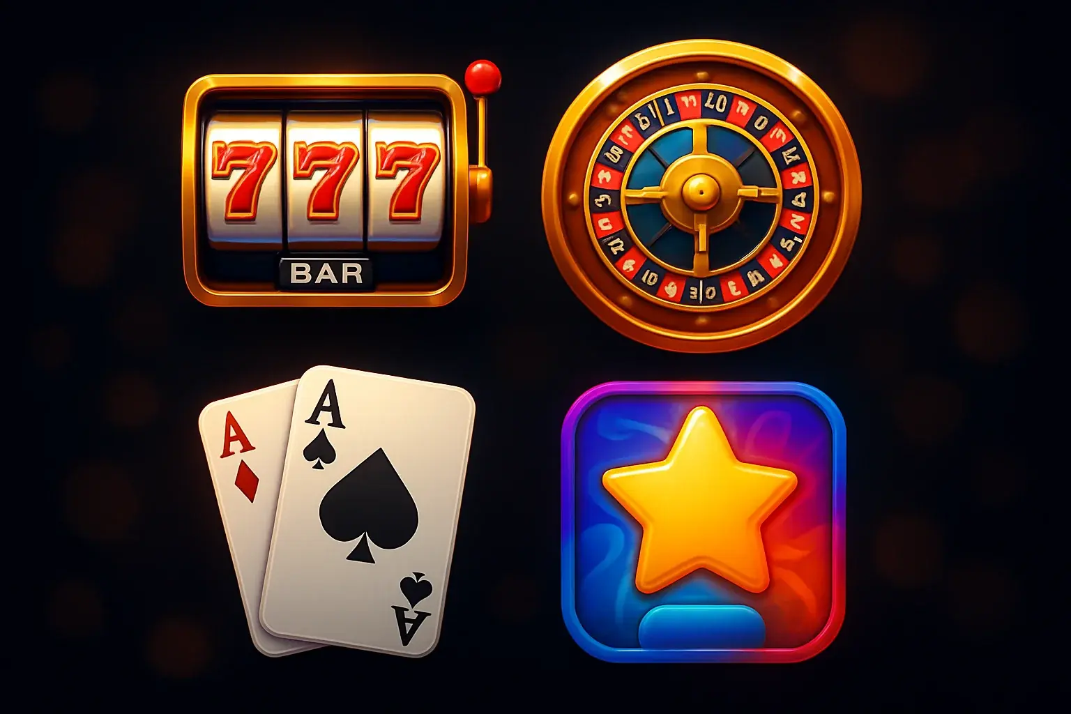Popular casino game icons with slots, roulette, cards on dark background