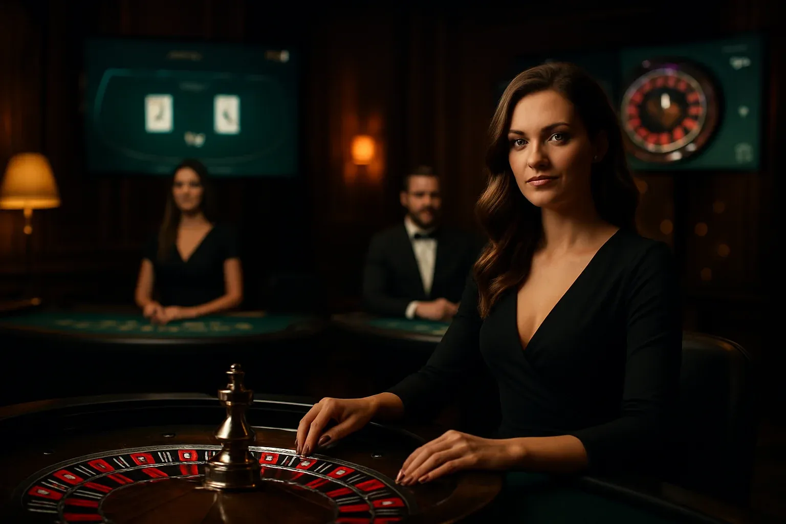 Elegant live casino studio with professional dealers and roulette blackjack screens