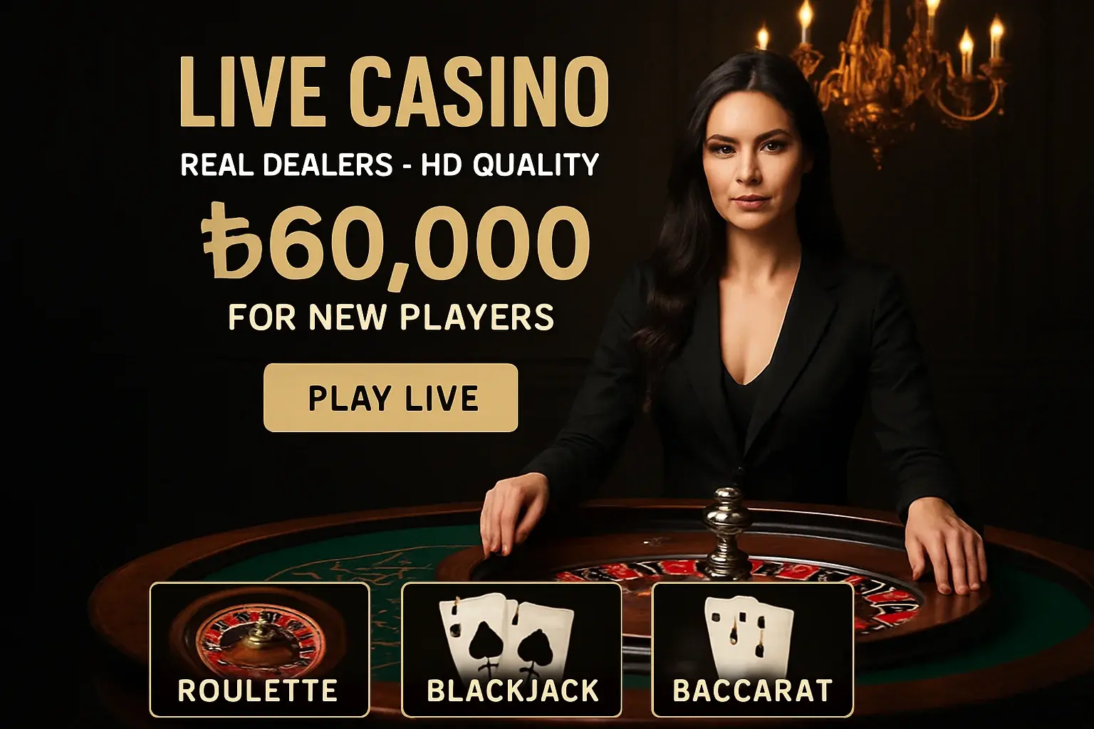 Live casino banner with female dealer, roulette table, and Bangladesh bonus offer