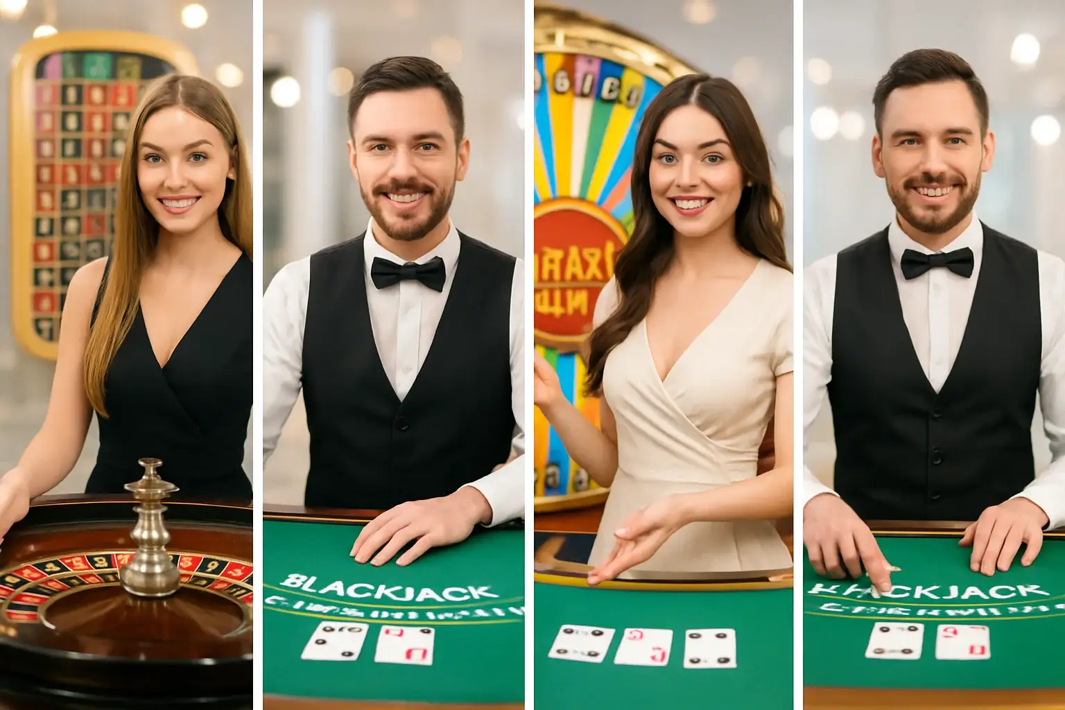 Vivid live casino game cards with roulette, blackjack, Crazy Time, and dealer