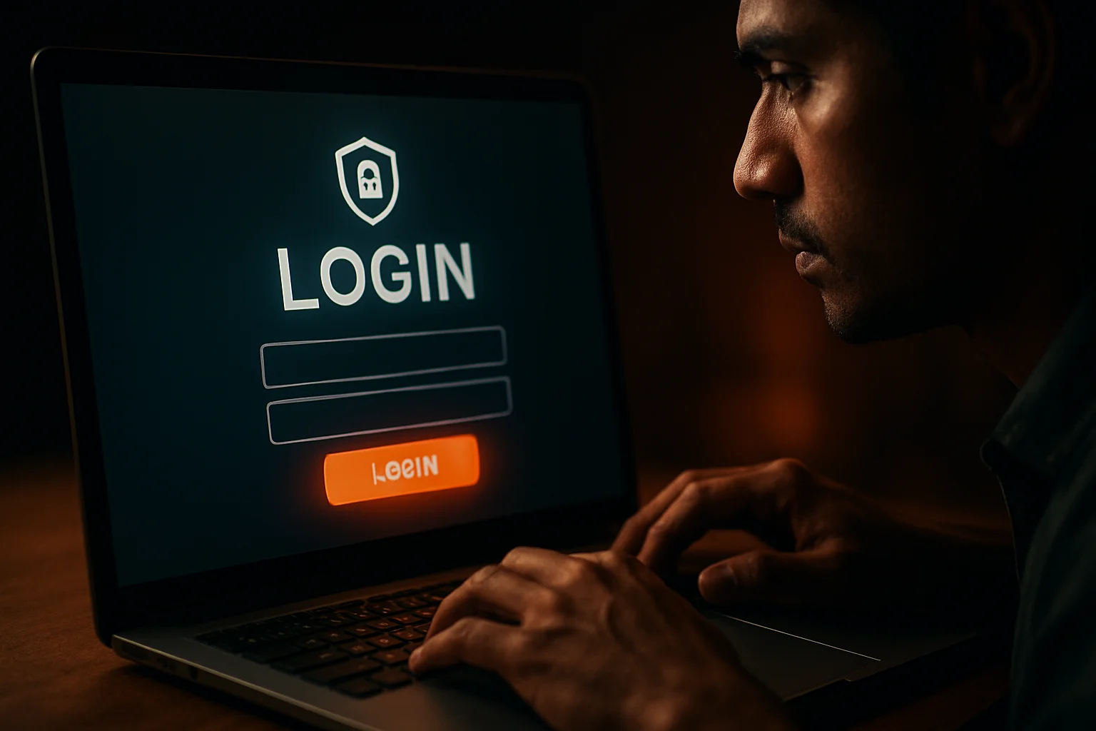 Young Bangladeshi man's hands on laptop showing LOGIN sign-in screen