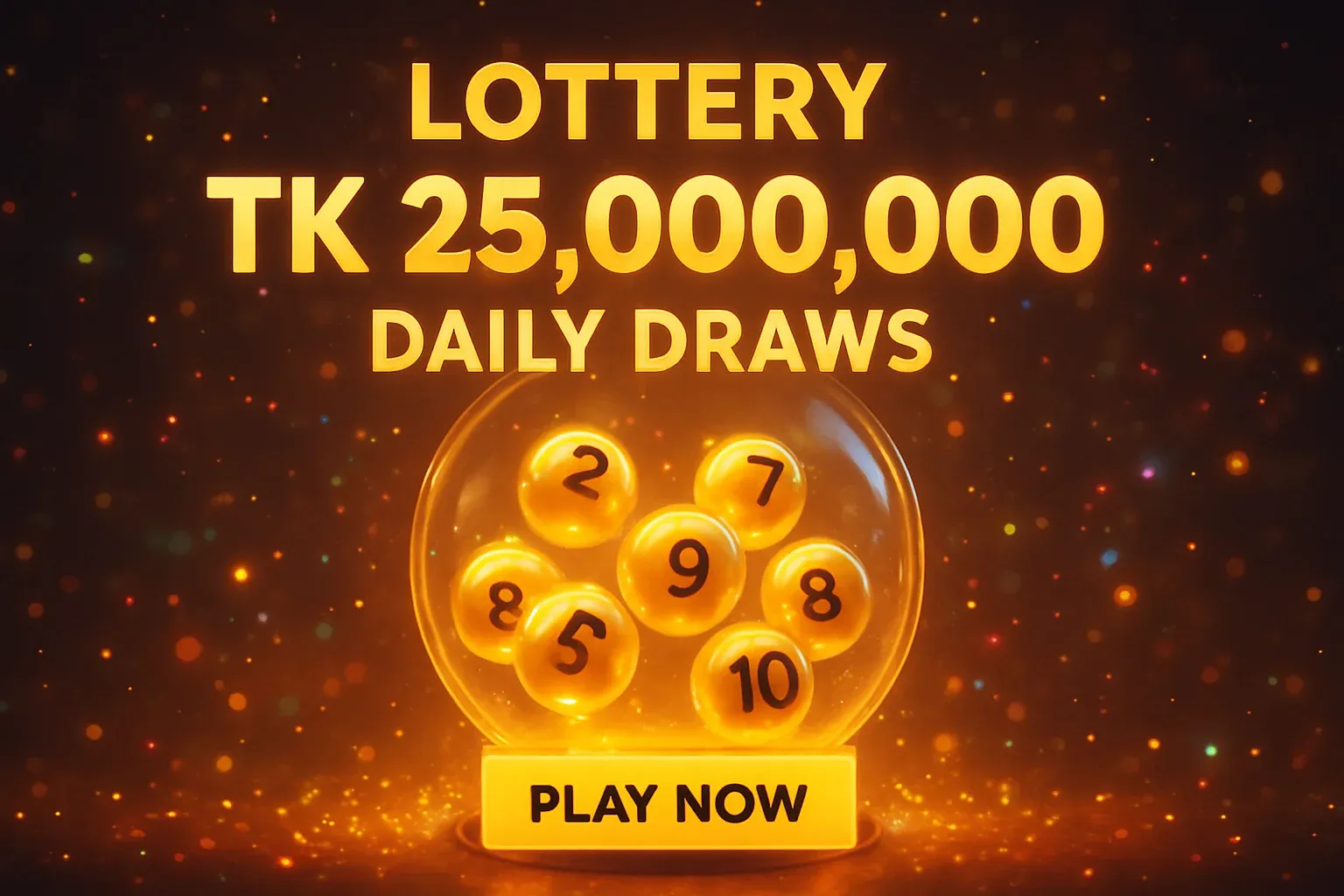 Glowing golden lottery balls in transparent draw machine promotional banner
