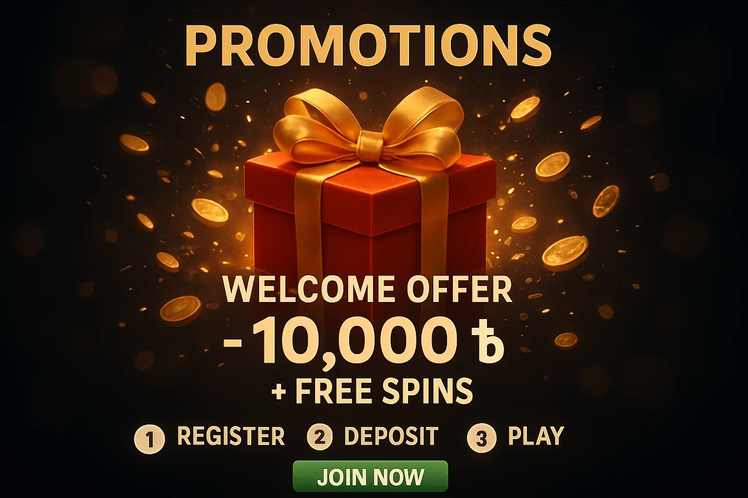 Casino promotions banner with gift box, golden coins, confetti, and CTA