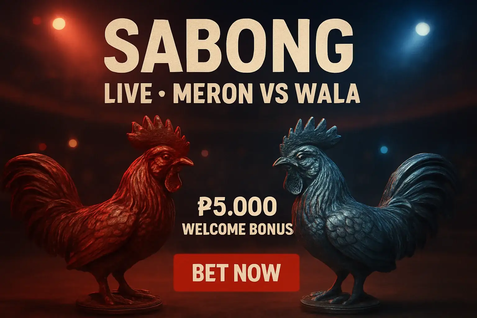 Live sabong banner with decorative rooster figurines and bonus offer