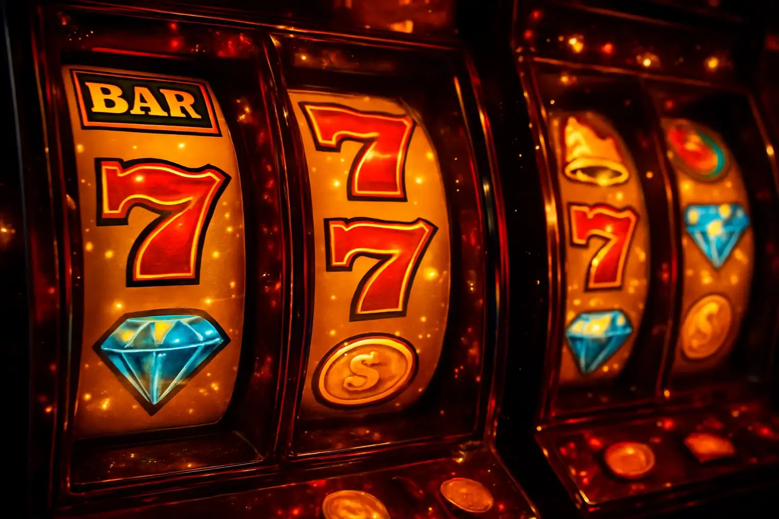 Colorful casino slot machines collage with coins, diamonds, 7s and sparkles