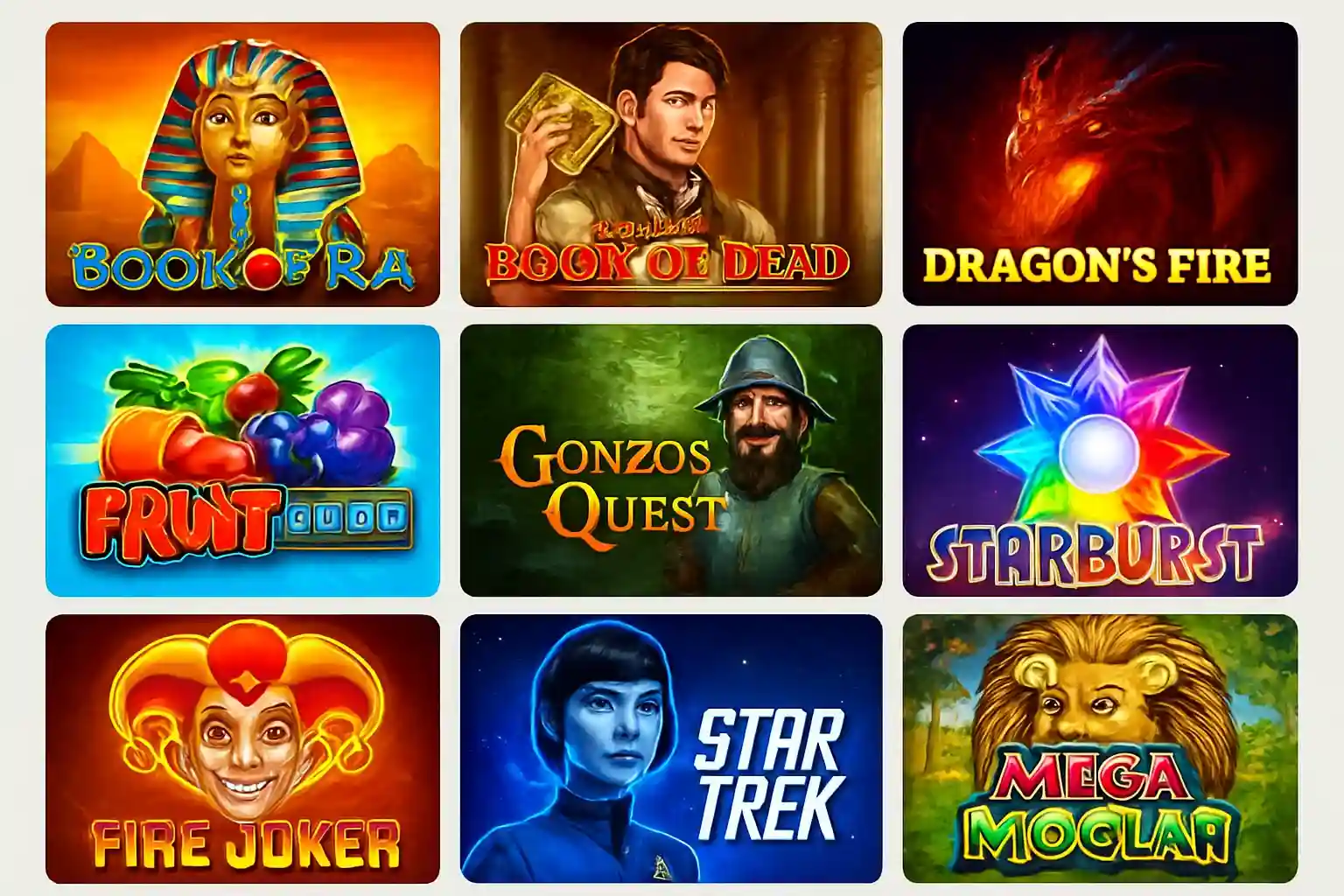 Grid of colorful slot game thumbnails with Egypt, fantasy, fruit, sci-fi themes