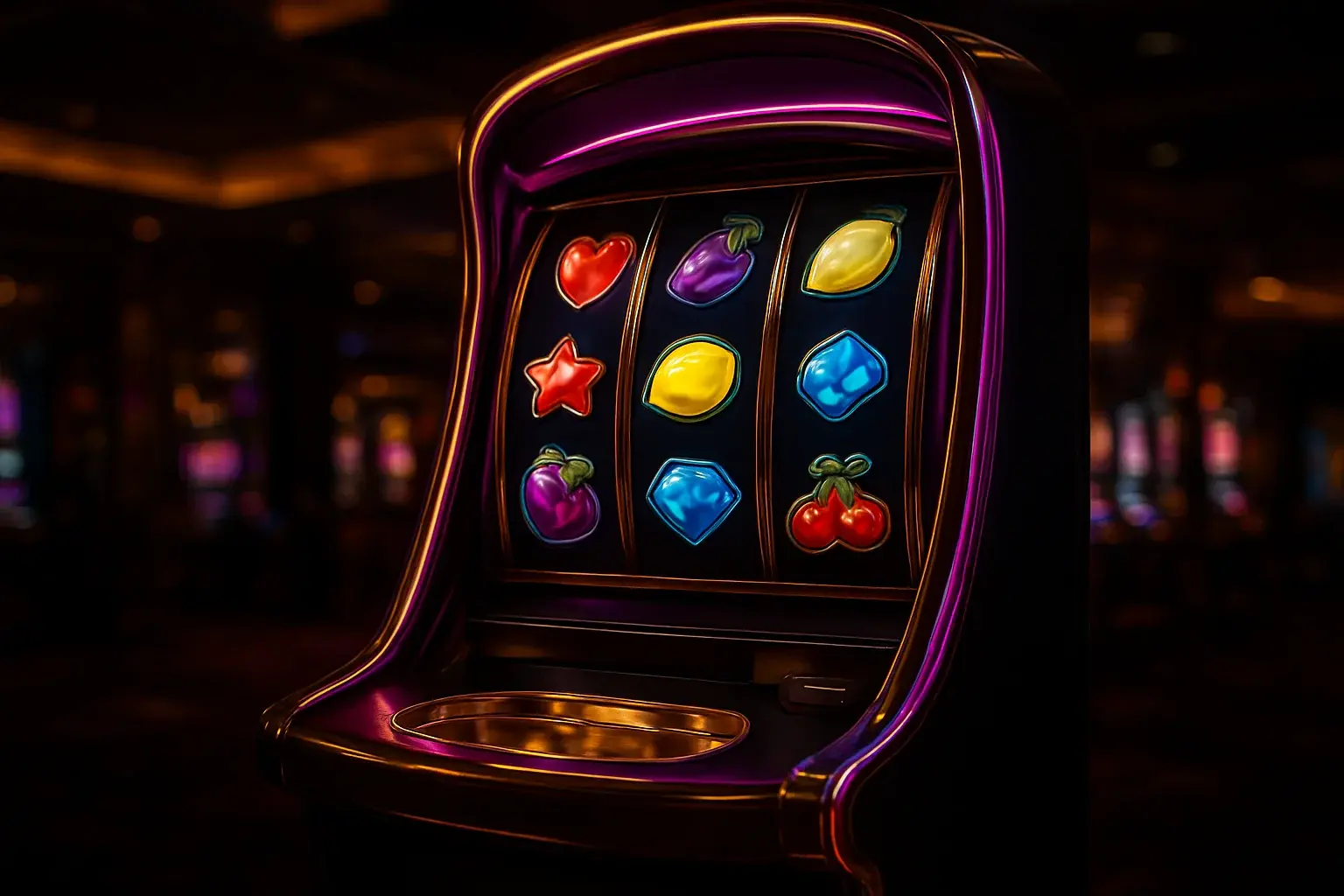 Premium slot machine with glowing reels in a dark luxury casino